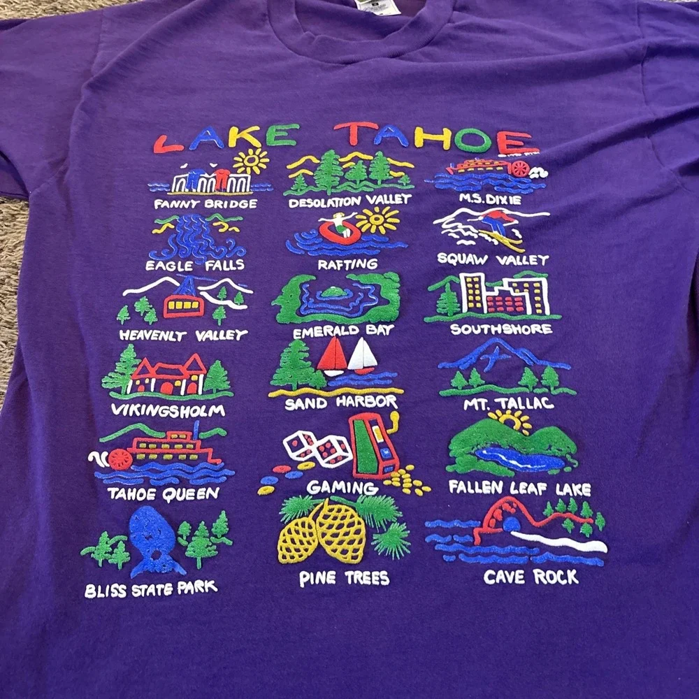 Vintage Lake Tahoe Tee T Shirt‎ 1991 Adult Size Large L Purple Puff Print